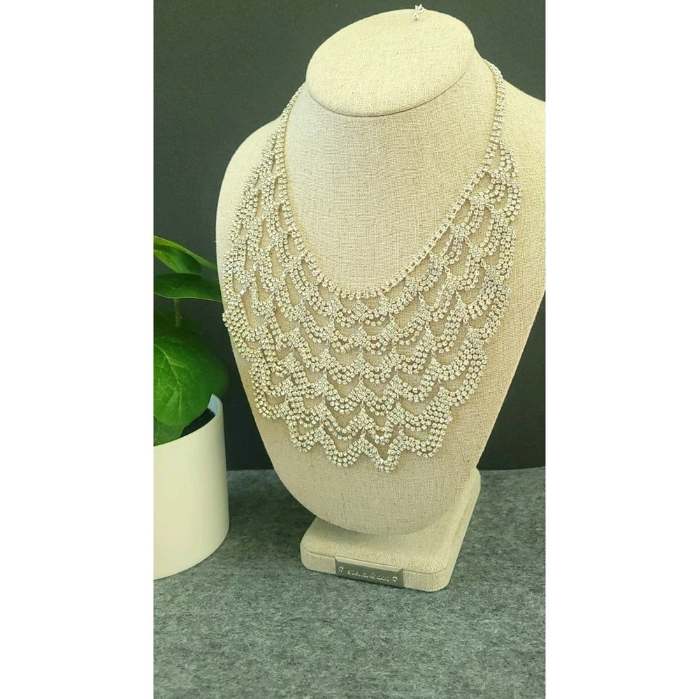 Vintage 1950s 1960s Clear Rhinestone Waterfall Bib Necklace Hollywood Glam 16in